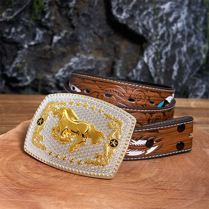 Cinturón de cuero rectangular con hebilla grande de caballo corriendo en dos tonos - Caballo corriendo - Cinturón de plumas marrones - 40 - image 8