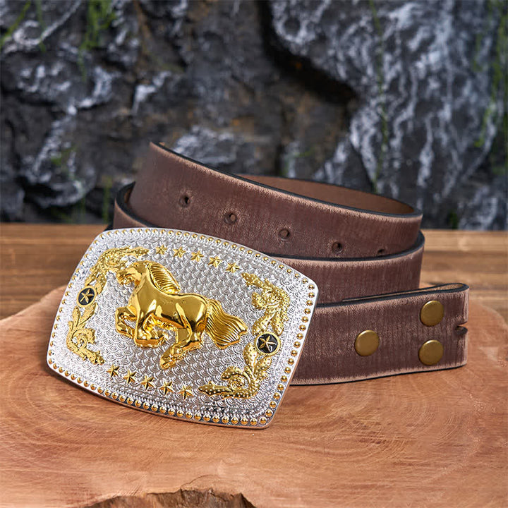 Cinturón de cuero rectangular con hebilla grande de caballo corriendo en dos tonos - Caballo corriendo - Cinturón marrón desgastado - 42 - image 6