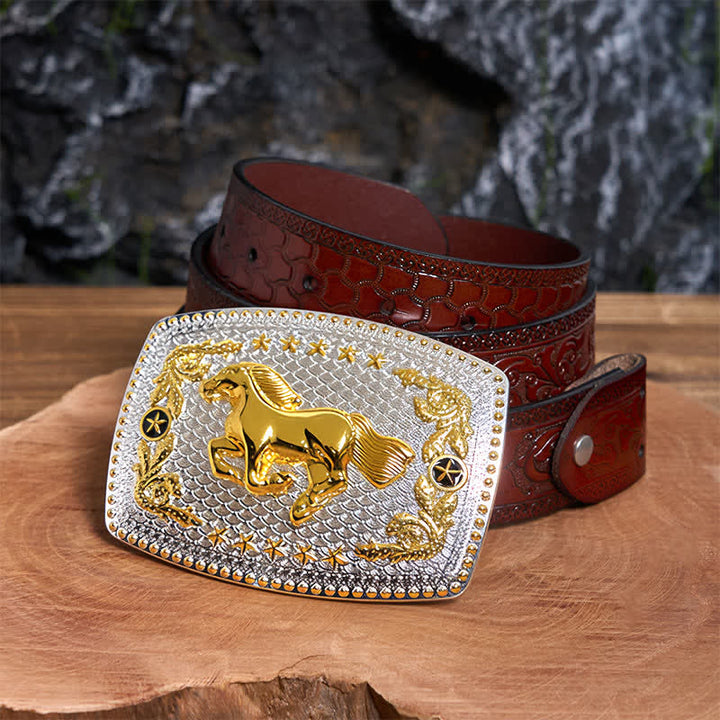 Cinturón de cuero rectangular con hebilla grande de caballo corriendo en dos tonos - Caballo corriendo - Cinturón tallado marrón - 42 - image 7