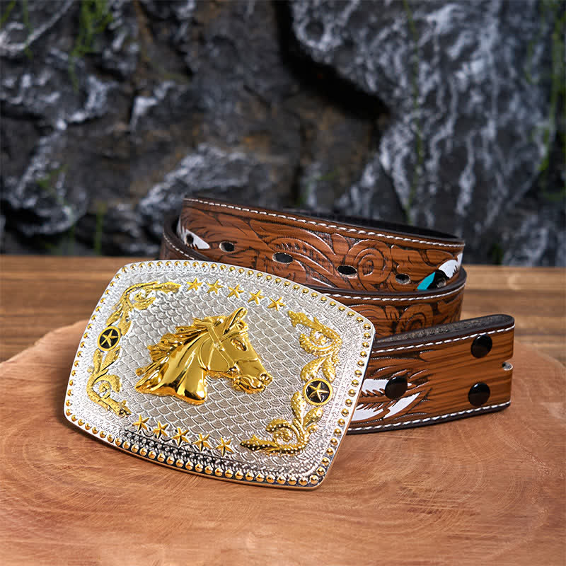 Cinturón de cuero con hebilla grande rectangular de dos tonos con cabeza de caballo - Cabeza de caballo - Cinturón de plumas marrones - 40 - image 8