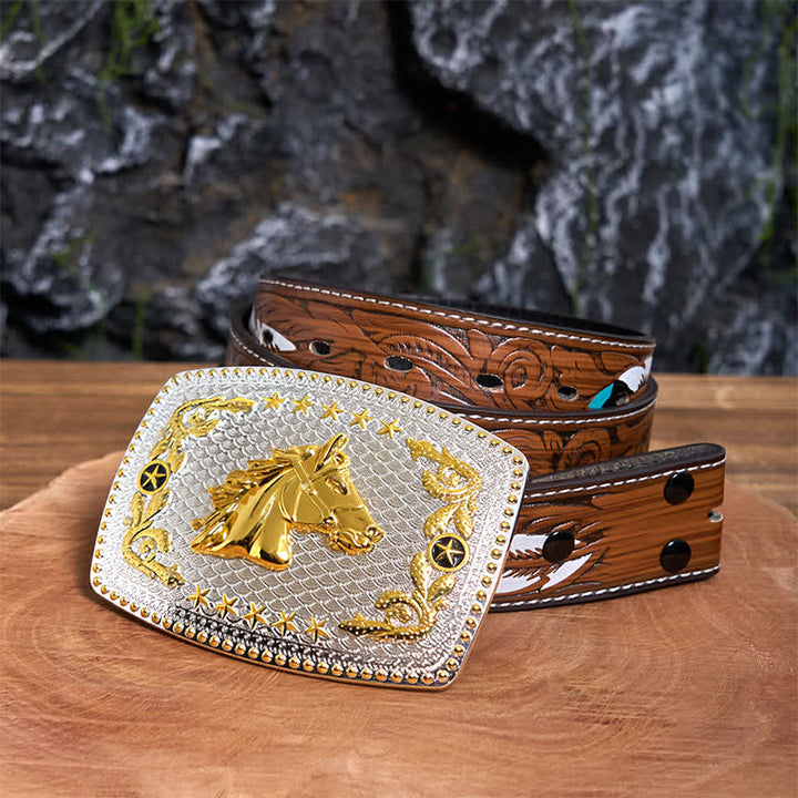 Cinturón de cuero con hebilla grande rectangular de dos tonos con cabeza de caballo - Cabeza de caballo - Cinturón de plumas marrones - 40 - image 8
