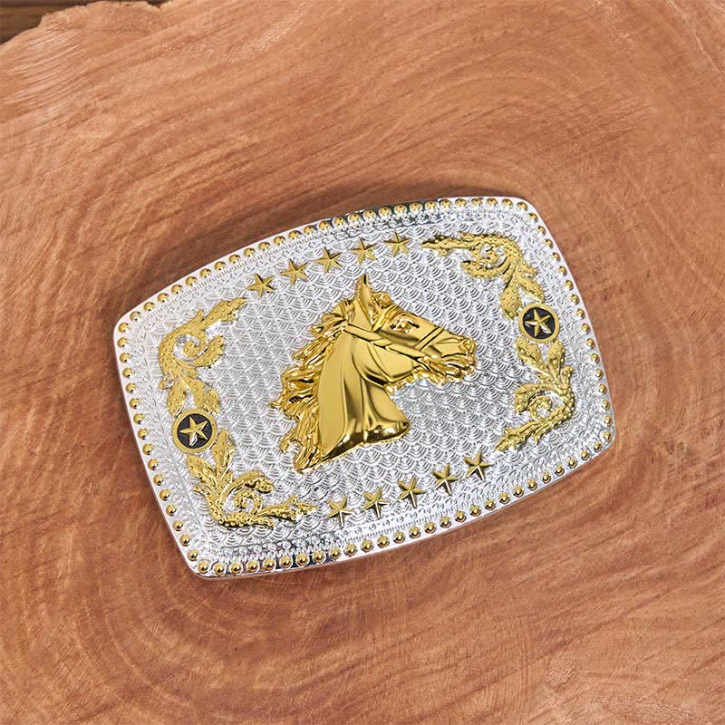 Cinturón de cuero con hebilla grande rectangular de dos tonos con cabeza de caballo - image 1