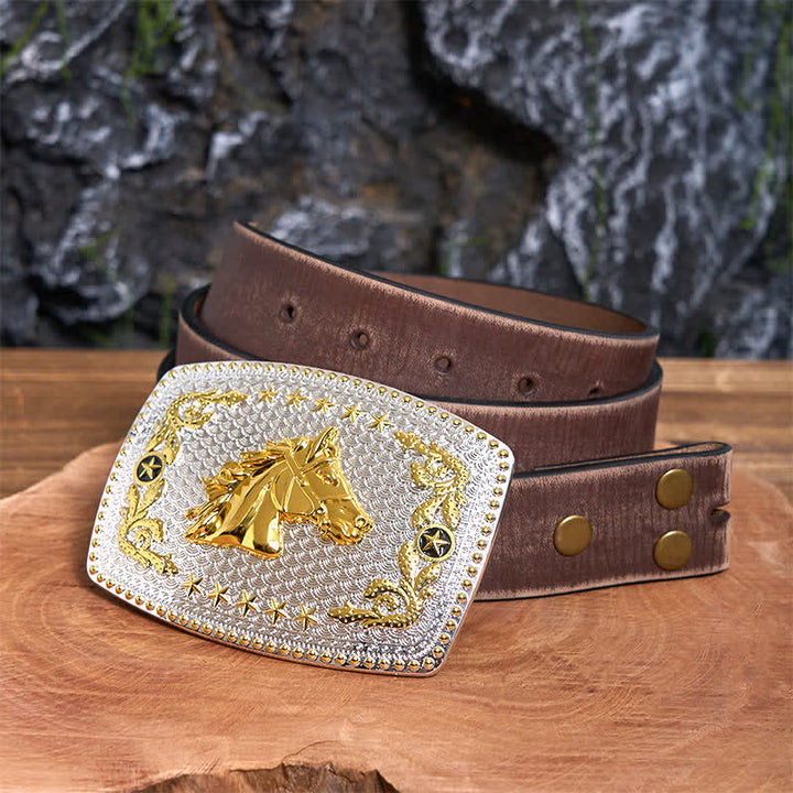 Cinturón de cuero con hebilla grande rectangular de dos tonos con cabeza de caballo - Cabeza de caballo - Cinturón marrón desgastado - 42 - image 6