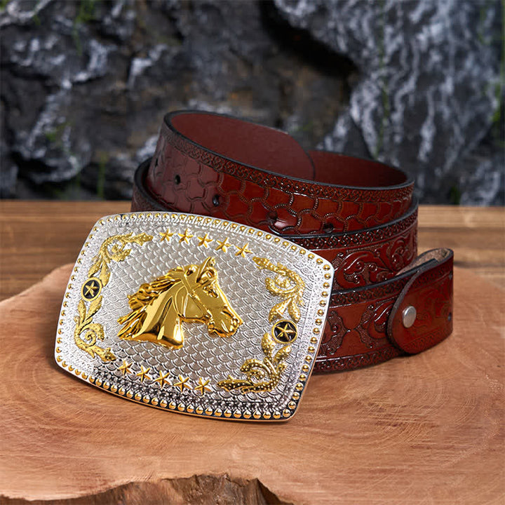 Cinturón de cuero con hebilla grande rectangular de dos tonos con cabeza de caballo - Cabeza de caballo - Cinturón tallado marrón - 42 - image 7