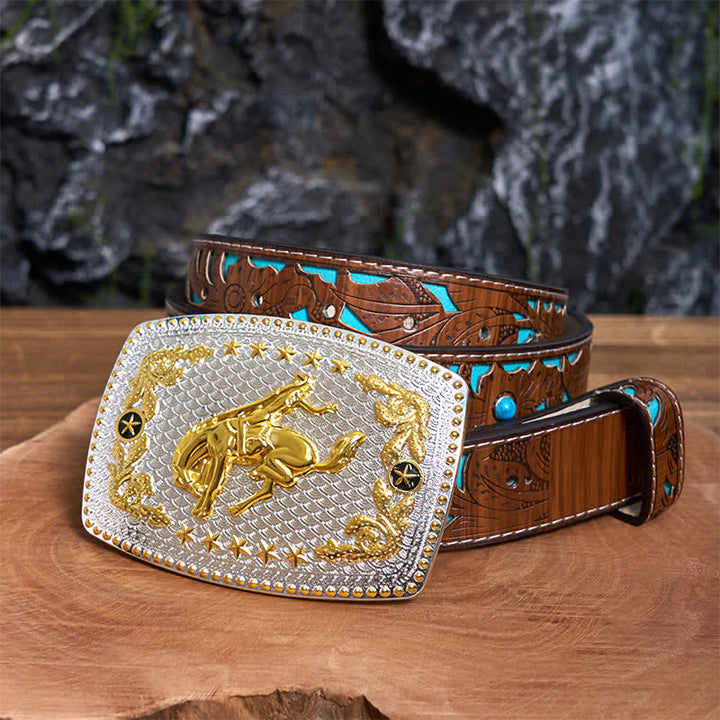 Cinturón de cuero con hebilla grande rectangular para montar a caballo en dos tonos - Equitación - Cinturón tallado en turquesa - 42 - image 4