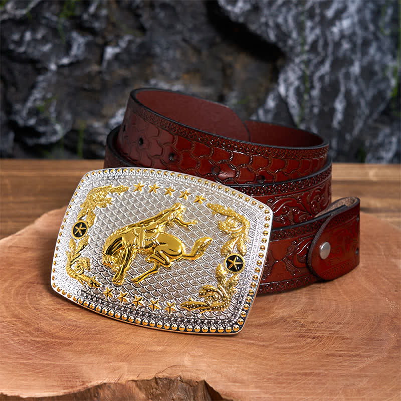 Cinturón de cuero con hebilla grande rectangular para montar a caballo en dos tonos - Equitación - Cinturón tallado marrón - 42 - image 7