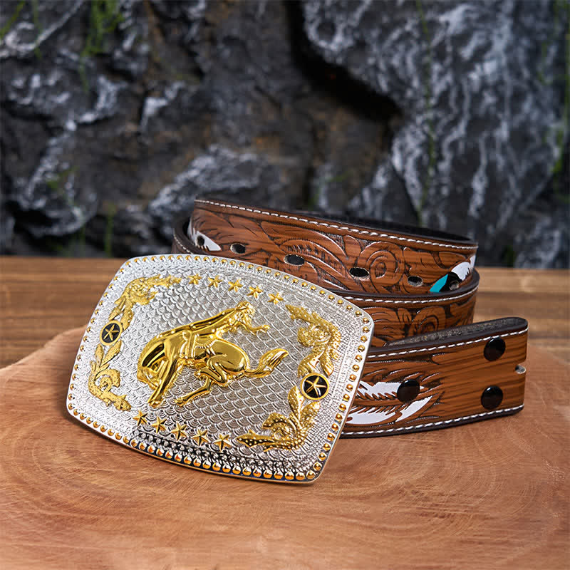 Cinturón de cuero con hebilla grande rectangular para montar a caballo en dos tonos - Equitación - Cinturón de plumas marrones - 40 - image 8