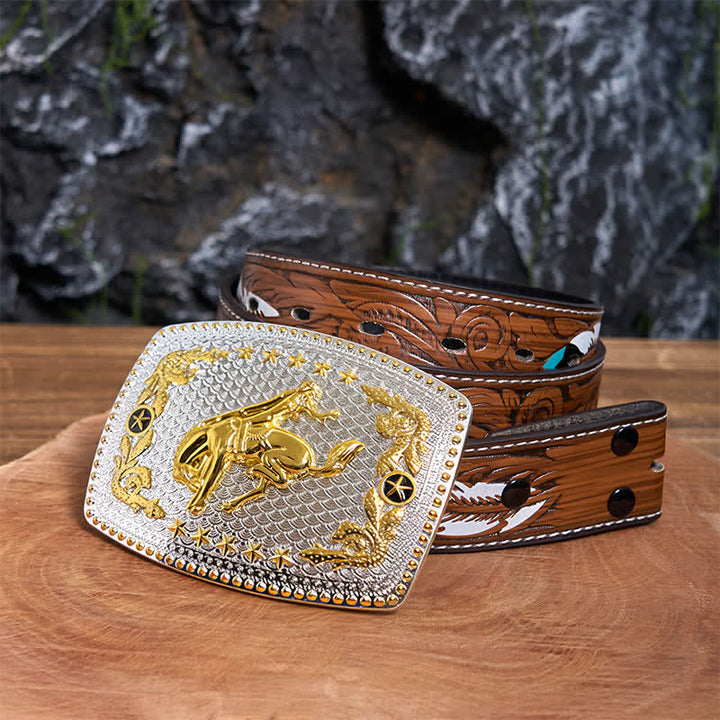 Cinturón de cuero con hebilla grande rectangular para montar a caballo en dos tonos - Equitación - Cinturón de plumas marrones - 40 - image 8