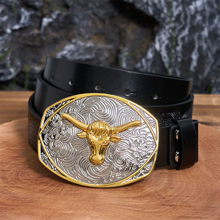 Cinturón de cuero con hebilla grande de cabeza de cuerno largo dorado nativo DIY - Cabeza de cuerno largo - Cinturón de águila negra en relieve - 42 - image 3