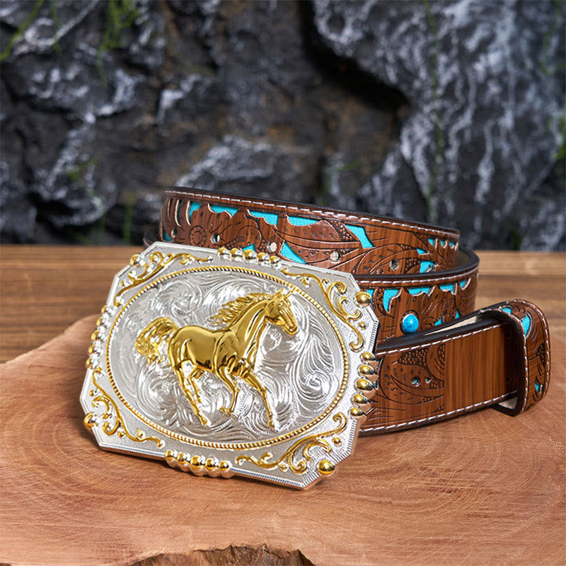 Cinturón de cuero con hebilla de vaquero DIY de Golden Running Horse - Caballo corriendo - Cinturón tallado en turquesa - 42 - image 4