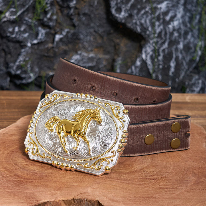 Cinturón de cuero con hebilla de vaquero DIY de Golden Running Horse - Caballo corriendo - Cinturón marrón desgastado - 42 - image 6
