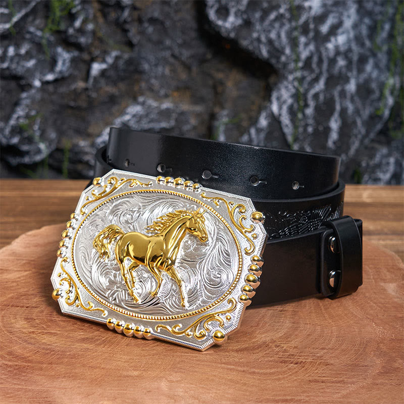 Cinturón de cuero con hebilla de vaquero DIY de Golden Running Horse - Caballo corriendo - Cinturón de águila negra en relieve - 42 - image 1