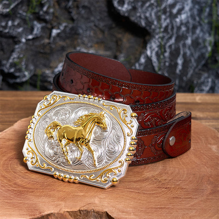 Cinturón de cuero con hebilla de vaquero DIY de Golden Running Horse - Caballo corriendo - Cinturón tallado marrón - 42 - image 7