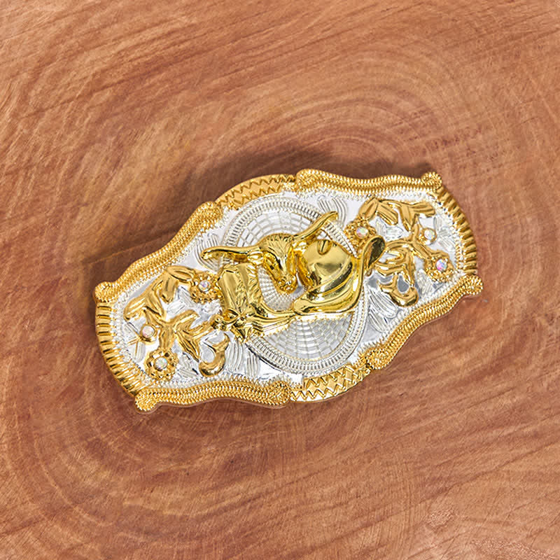 Cinturón de cuero con hebilla grande del oeste, hecho a mano, con toro dorado y sombrero de vaquero - image 1