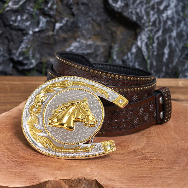 Cinturón de cuero con hebilla occidental de bricolaje con forma de herradura grande - Herradura - Cinturón con remaches marrones - 42 - image 5