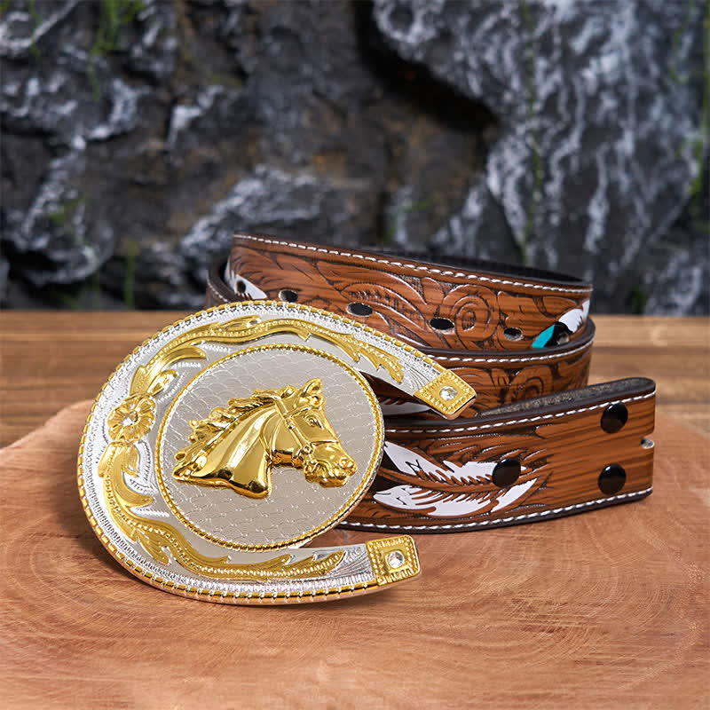 Cinturón de cuero con hebilla occidental de bricolaje con forma de herradura grande - Herradura - Cinturón de plumas marrones - 40 - image 8