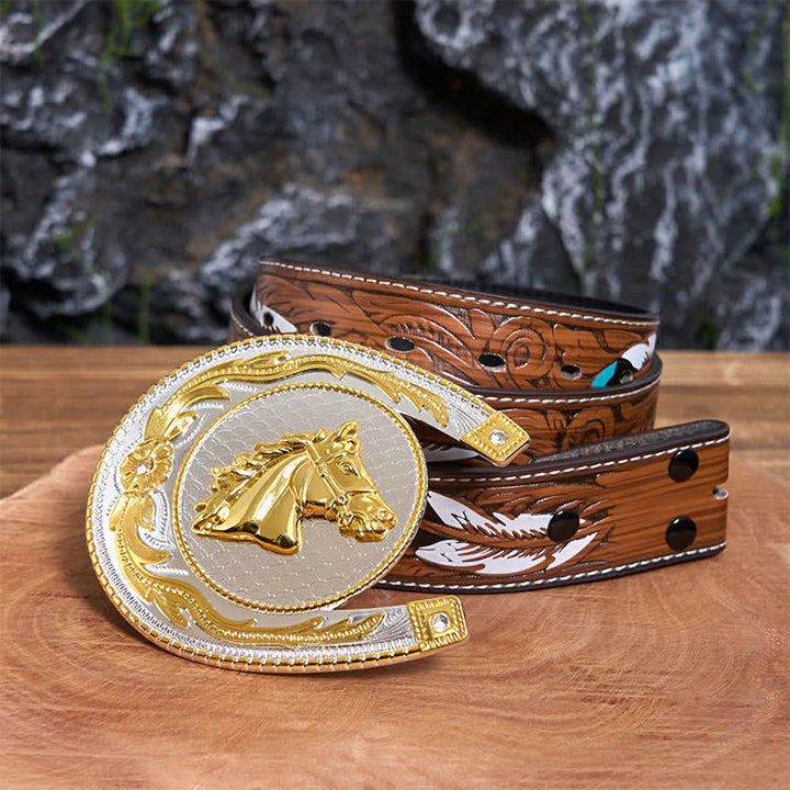 Cinturón de cuero con hebilla occidental de bricolaje con forma de herradura grande - Herradura - Cinturón de plumas marrones - 40 - image 8