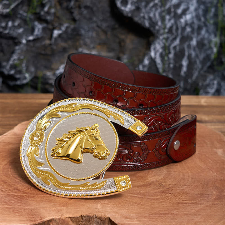 Cinturón de cuero con hebilla occidental de bricolaje con forma de herradura grande - Herradura - Cinturón tallado marrón - 42 - image 7