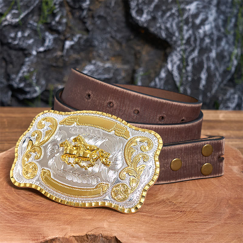 Cinturón de cuero con hebilla de vaquero "Tres caballos al galope" (DIY) - Tres caballos al galope - Cinturón marrón desgastado - 42 - image 6