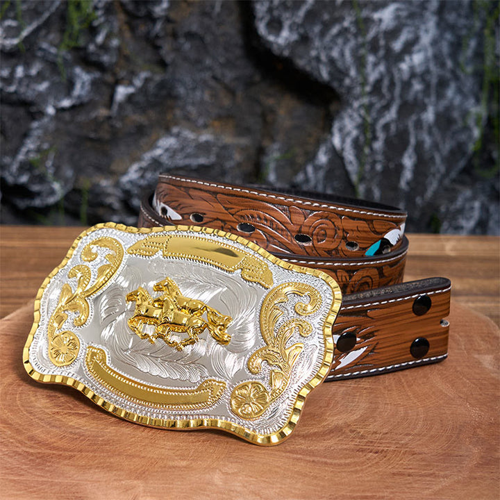 Cinturón de cuero con hebilla de vaquero "Tres caballos al galope" (DIY) - Tres caballos al galope - Cinturón de plumas marrones - 40 - image 8