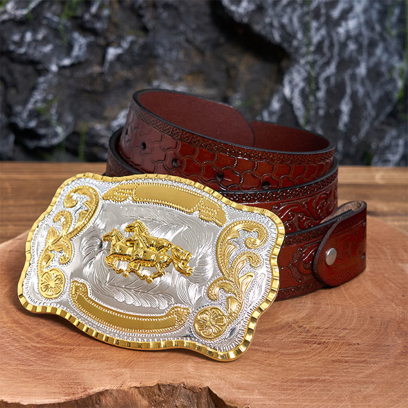 Cinturón de cuero con hebilla de vaquero "Tres caballos al galope" (DIY) - Tres caballos al galope - Cinturón tallado marrón - 42 - image 7