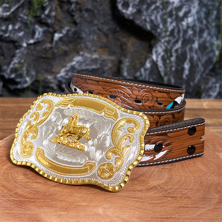 Cinturón de cuero con hebilla de vaquero DIY de Golden Gallant Horse - Caballo galante - Cinturón de plumas marrones - 40 - image 8