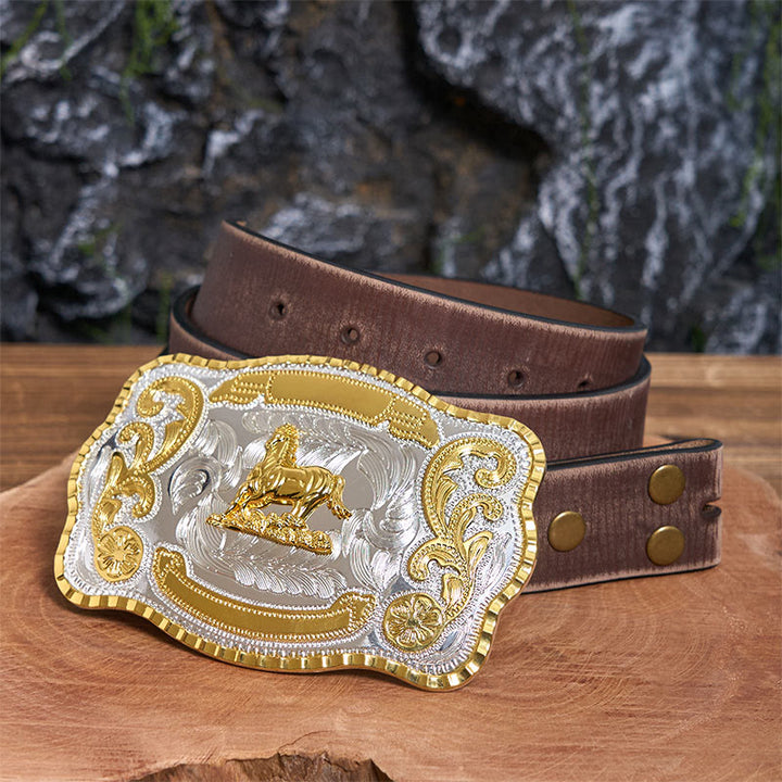 Cinturón de cuero con hebilla de vaquero DIY de Golden Gallant Horse - Caballo galante - Cinturón marrón desgastado - 42 - image 6