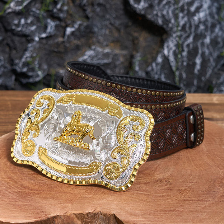 Cinturón de cuero con hebilla de vaquero DIY de Golden Gallant Horse - Caballo galante - Cinturón con remaches marrones - 42 - image 5