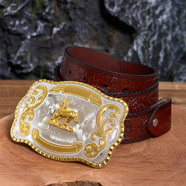 Cinturón de cuero con hebilla de vaquero DIY de Golden Gallant Horse - Caballo galante - Cinturón tallado marrón - 42 - image 7