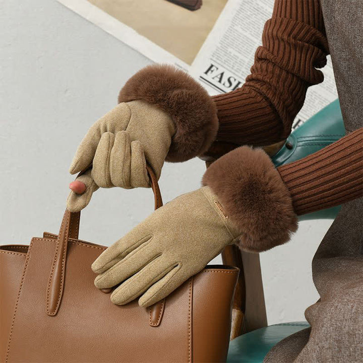 Guantes de felpa mullidos y cálidos para pantalla táctil para mujer - Caqui - image 2