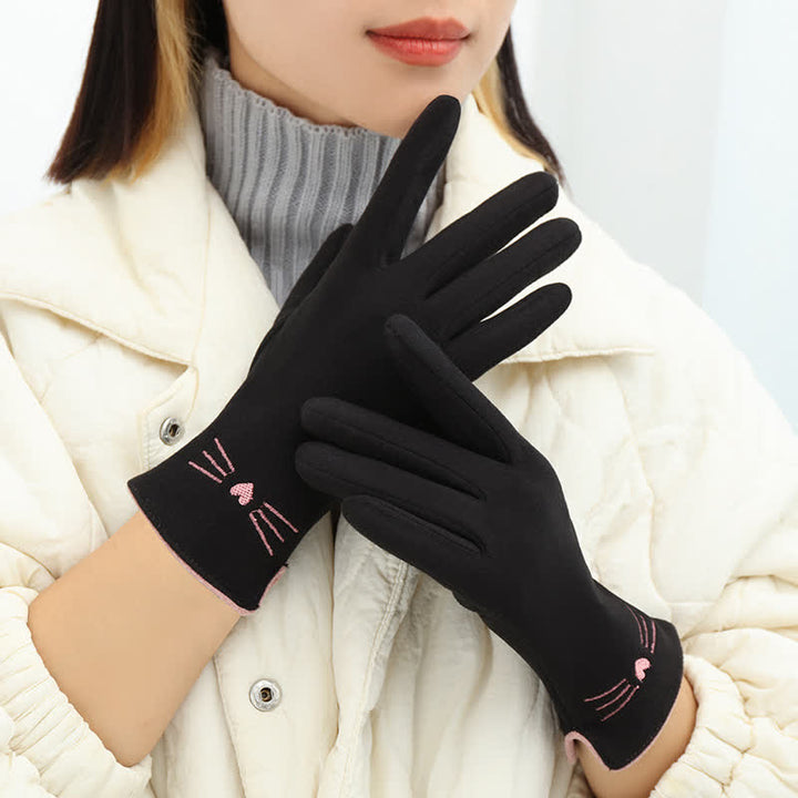 Guantes táctiles con bordado de gato para mujer - Negro - image 9