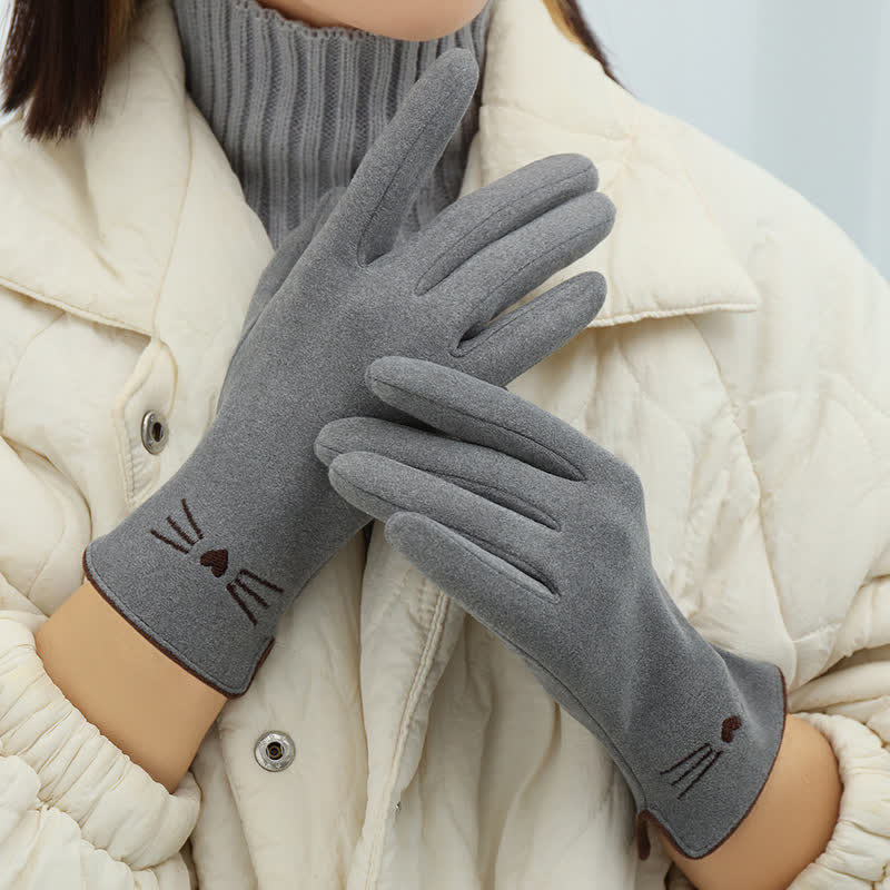 Guantes táctiles con bordado de gato para mujer - Gris - image 3