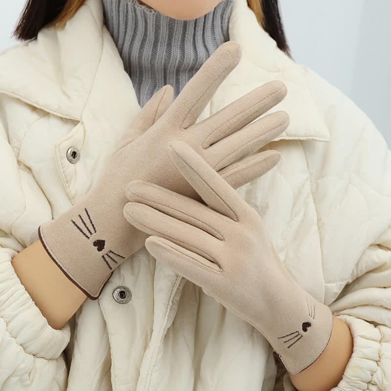 Guantes táctiles con bordado de gato para mujer - Marfil - image 11