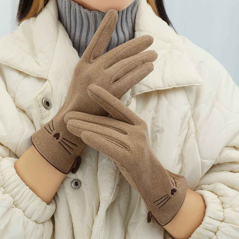 Guantes táctiles con bordado de gato para mujer - Caqui - image 0
