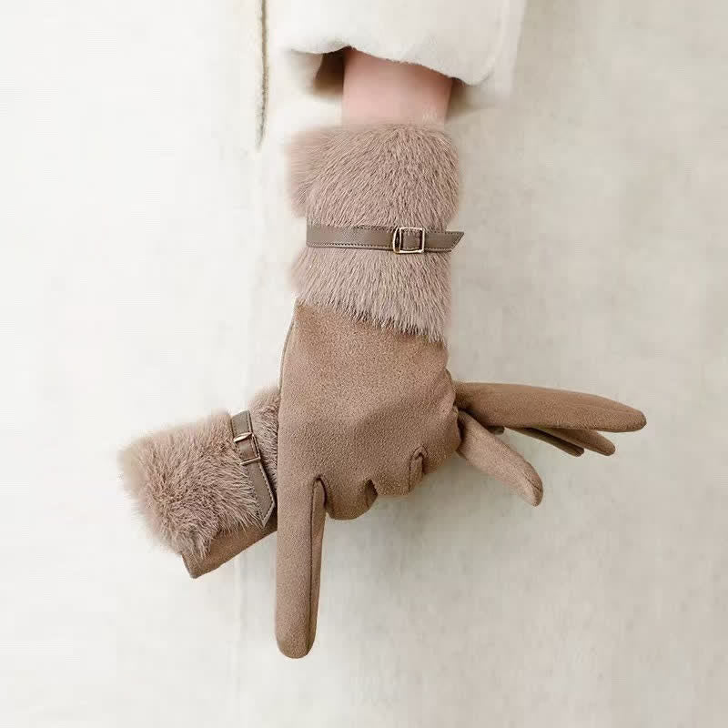 Guantes de gamuza con puños de felpa y decoración metálica para mujer - Caqui oscuro - image 0