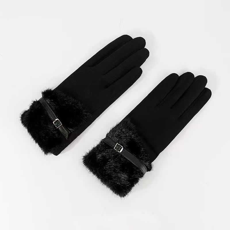 Guantes de gamuza con puños de felpa y decoración metálica para mujer - Negro - image 3