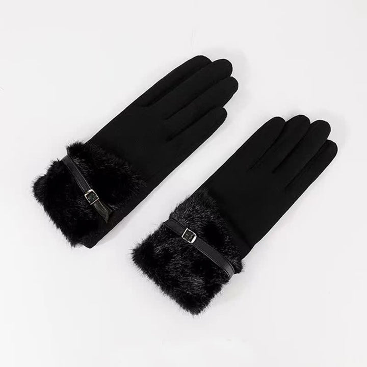 Guantes de gamuza con puños de felpa y decoración metálica para mujer - Negro - image 3
