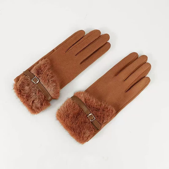 Guantes de gamuza con puños de felpa y decoración metálica para mujer - Caramelo - image 4