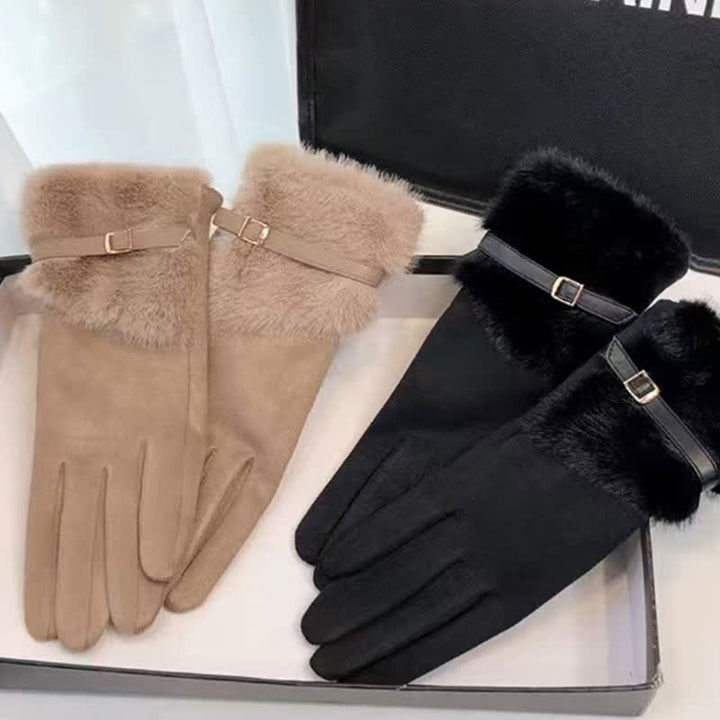 Guantes de gamuza con puños de felpa y decoración metálica para mujer - image 2
