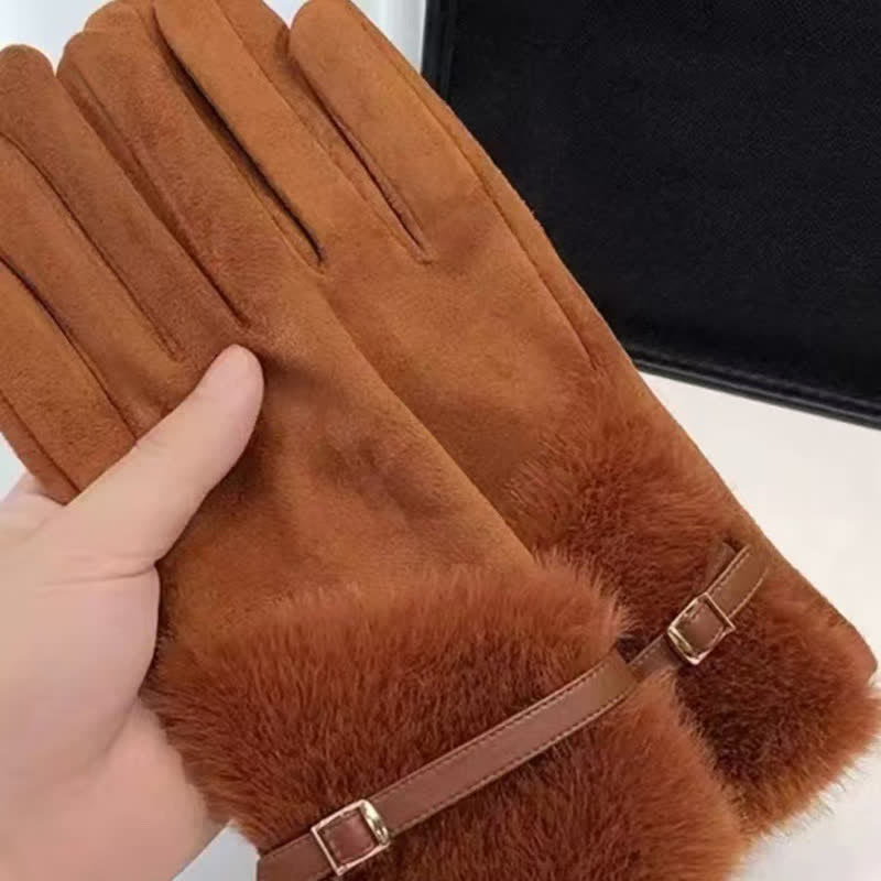 Guantes de gamuza con puños de felpa y decoración metálica para mujer - image 5