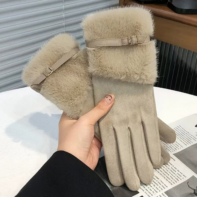 Guantes de gamuza con puños de felpa y decoración metálica para mujer - Caqui - image 6