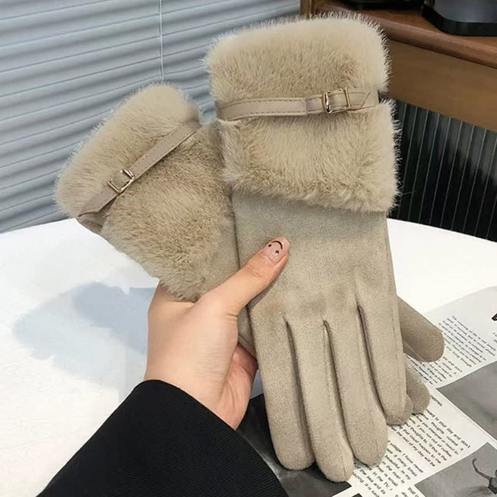 Guantes de gamuza con puños de felpa y decoración metálica para mujer - Caqui - image 6