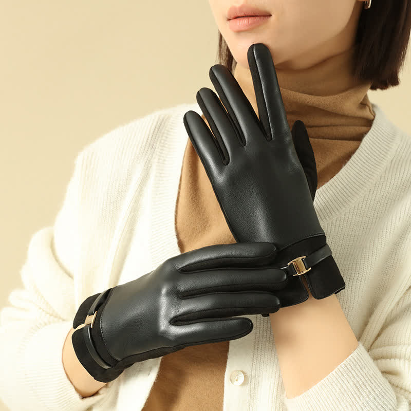 Guantes elegantes de piel sintética con hebilla de metal para invierno para mujer - Negro - image 8