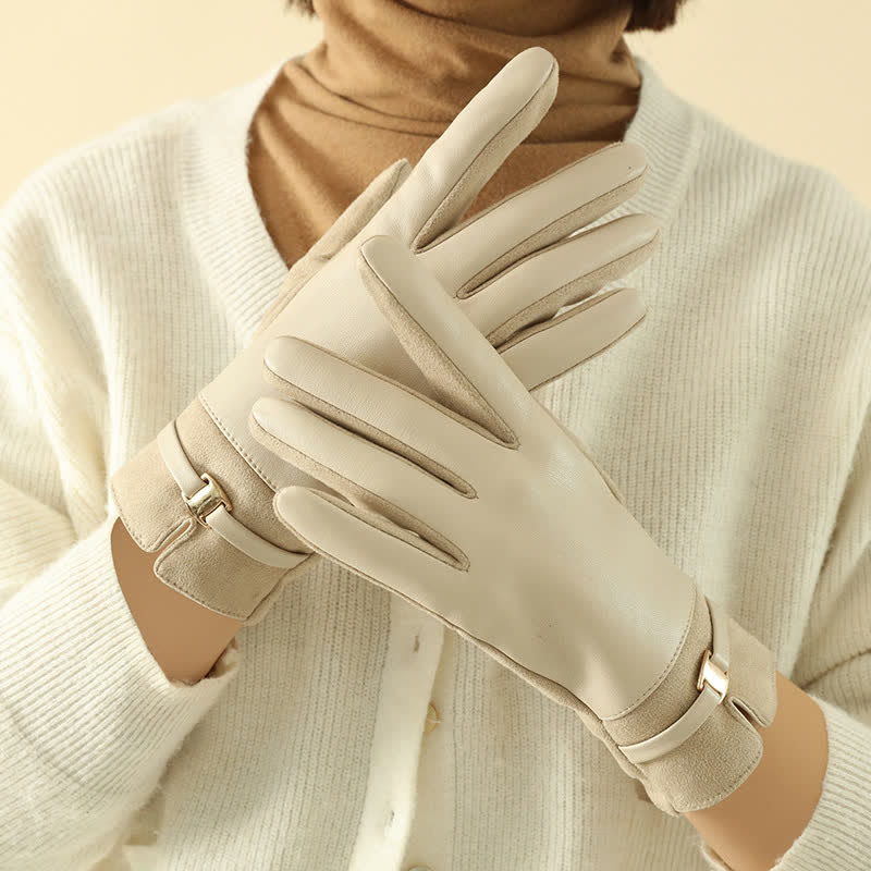 Guantes elegantes de piel sintética con hebilla de metal para invierno para mujer - image 1