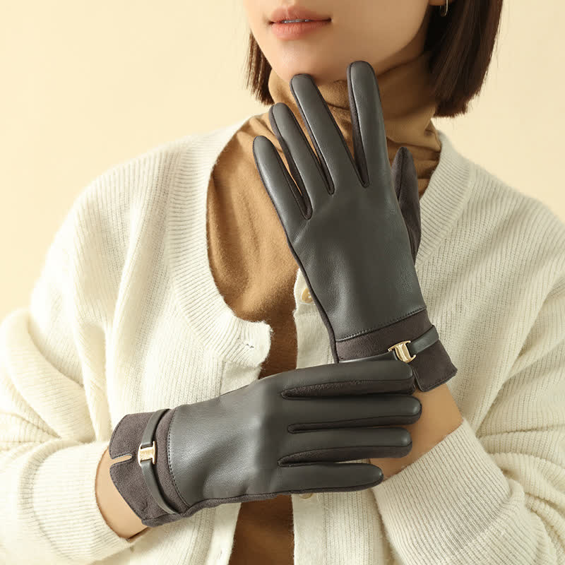 Guantes elegantes de piel sintética con hebilla de metal para invierno para mujer - Gris - image 10
