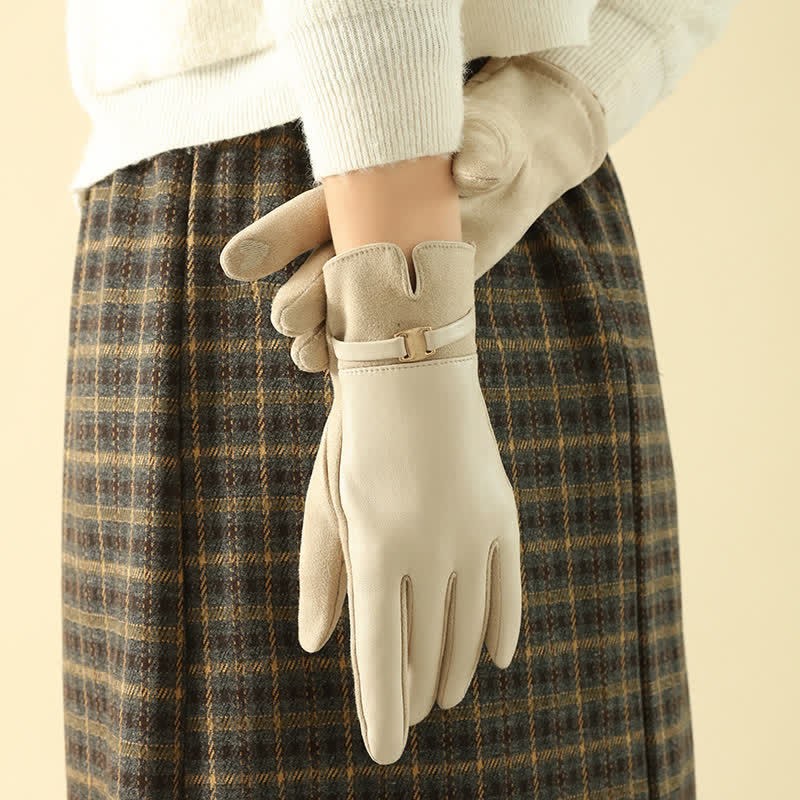 Guantes elegantes de piel sintética con hebilla de metal para invierno para mujer - Marfil - image 0