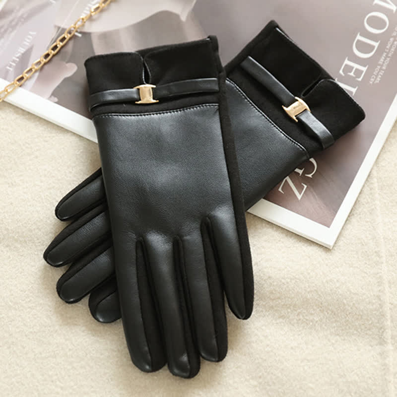 Guantes elegantes de piel sintética con hebilla de metal para invierno para mujer - image 9