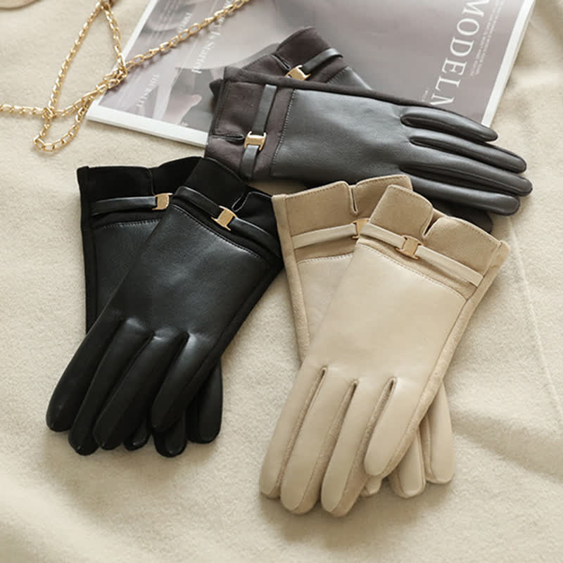 Guantes elegantes de piel sintética con hebilla de metal para invierno para mujer - image 2