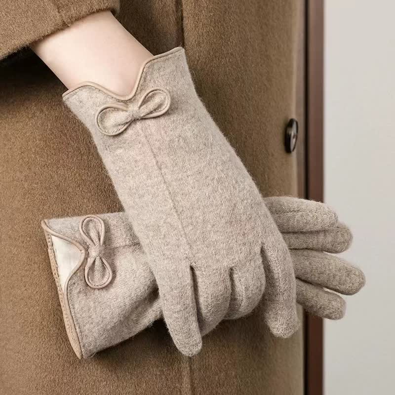 Guantes para mujer con diseño de corazón y lazo pequeño - Caqui - image 0