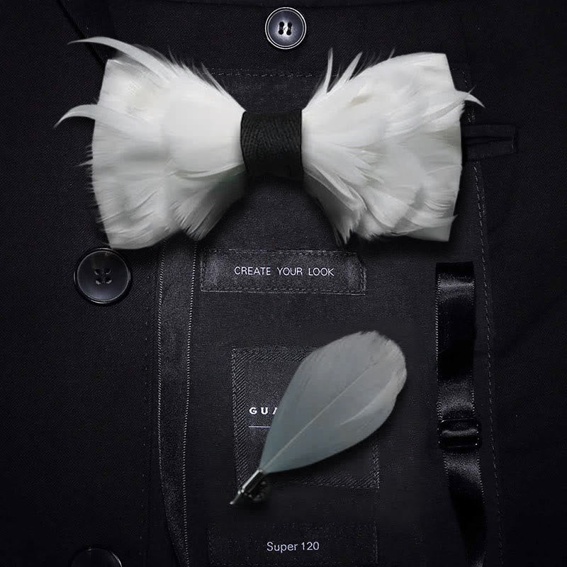 Pajarita elegante de plumas blancas y negras con broche de solapa - Adulto - image 0